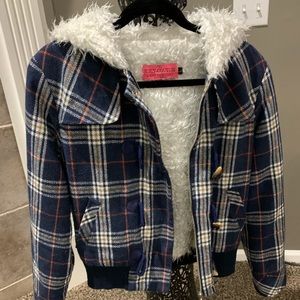 Blue white orange plaid Juicy Couture women’s coat